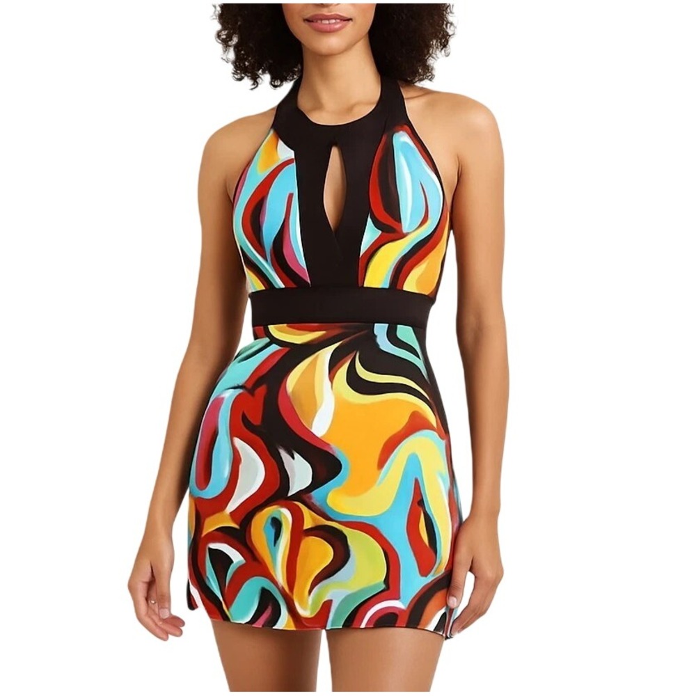 Womens M Multicolor Halter Mini Dress Psychedelic Swirl Print Y2K Festival Retro